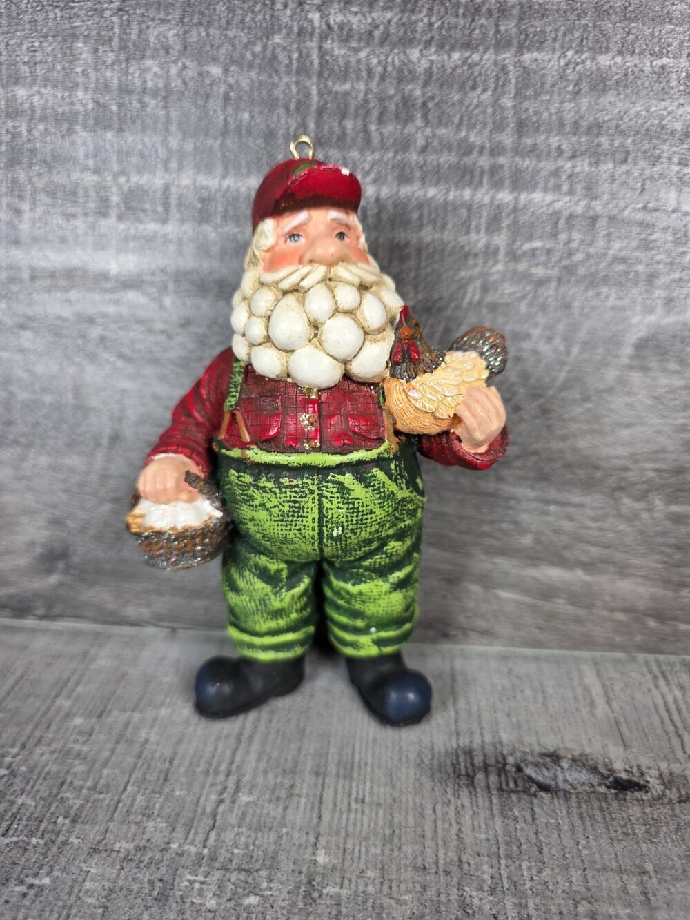 Vintage Old World Santa Clause Farmer w Chicken Christmas Ornament g71h